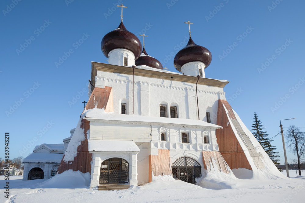 Ancient Cathedral of the Nativity of Christ (1562) close-up on a frosty February day. Kargopol, Russia Ancient Cathedral of the Nativity of Christ (1562) close-up on a frosty February day. Kargopol, Russia