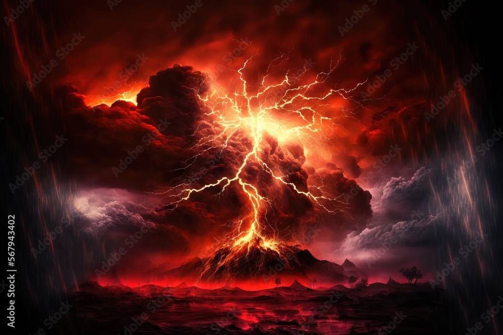 Background with apocalyptic drama judgment day, flashing lightning in a dark red stormy sky. Generative AI