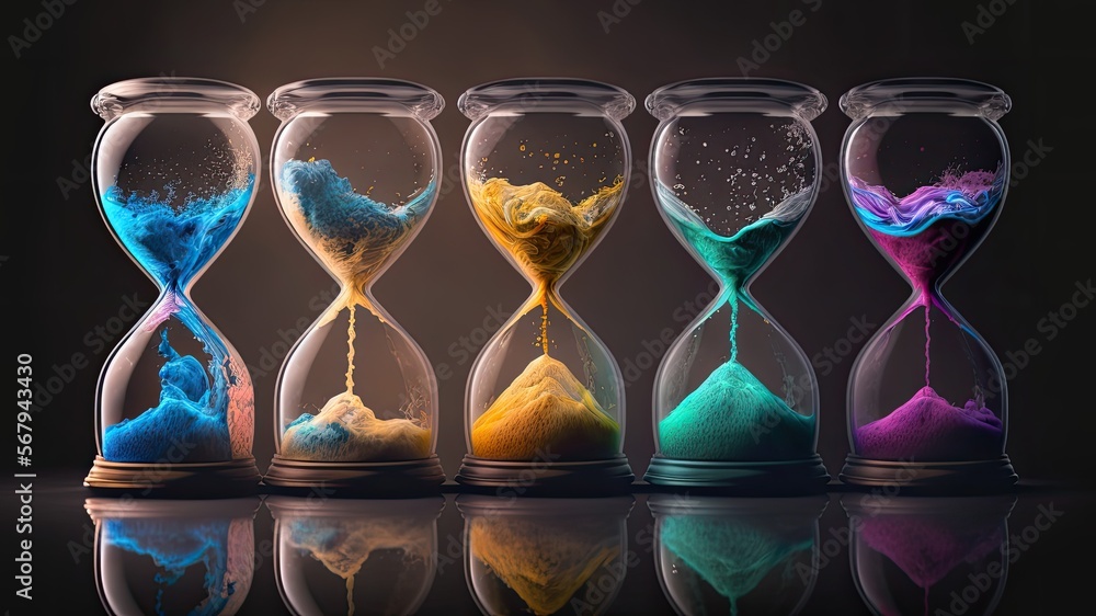 Fototapeta premium Rainbow collection of colorful hourglasses showing the passage of time, ai