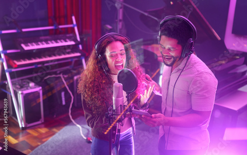 Canvas Print Technology, singing or musician people on neon studio microphone or music lyrics app in night recording