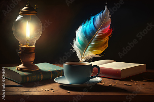 Creative still-life of a hot tea cup, multicolored feather, light bulb, and book on a table, symbolizing inspiration and learning. Perfect for education, creativity, and warm beverage themes