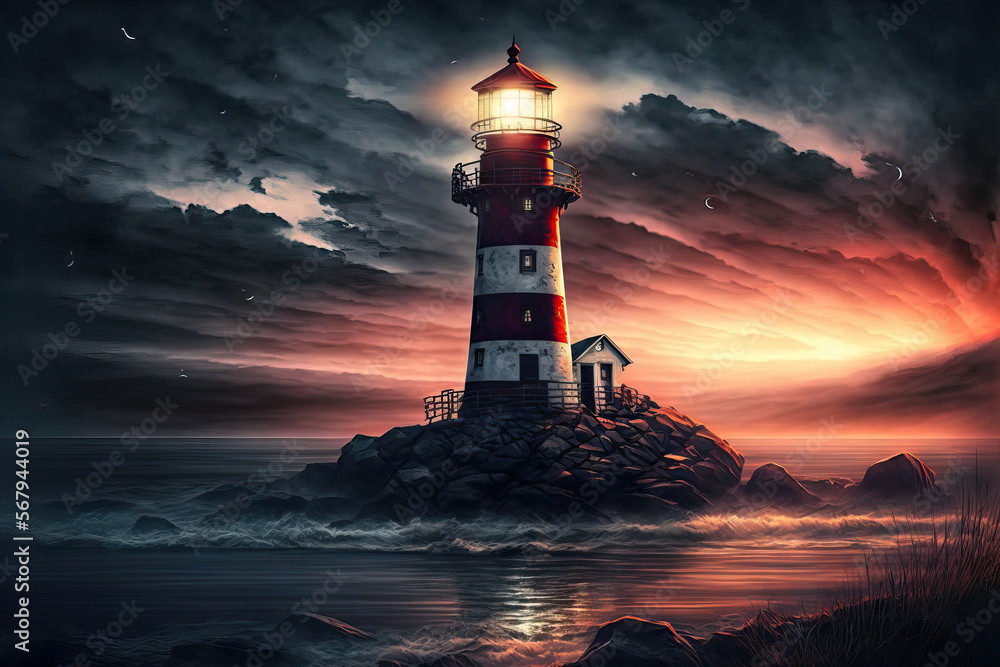 Beautiful lighthouse adorned nighttime seascape with a gloomy sky at sunset. Generative AI