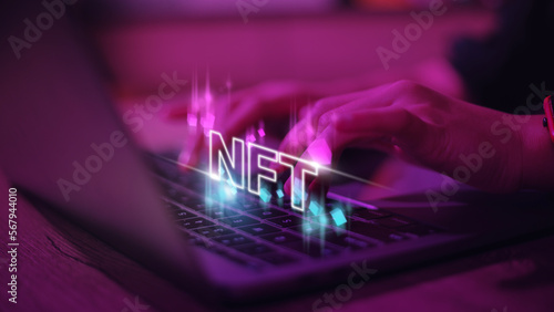 finger touch virtual screen, NFT token digital crypto art blockchain technology concept