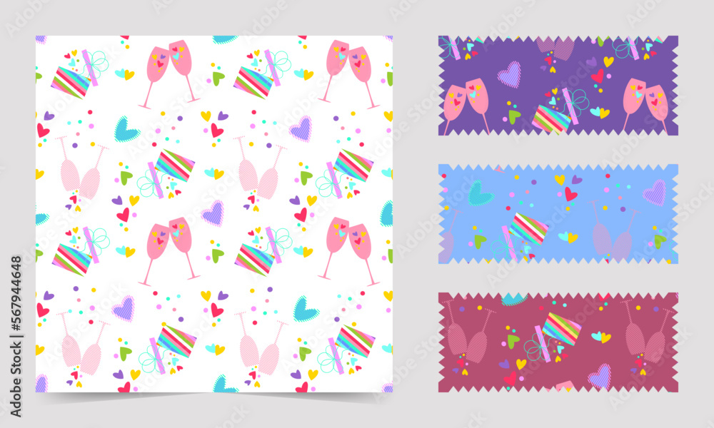 Seamless pattern with different hearts, gifts, glasses. Bright, colorful, isolated, with previews on different backgrounds.
