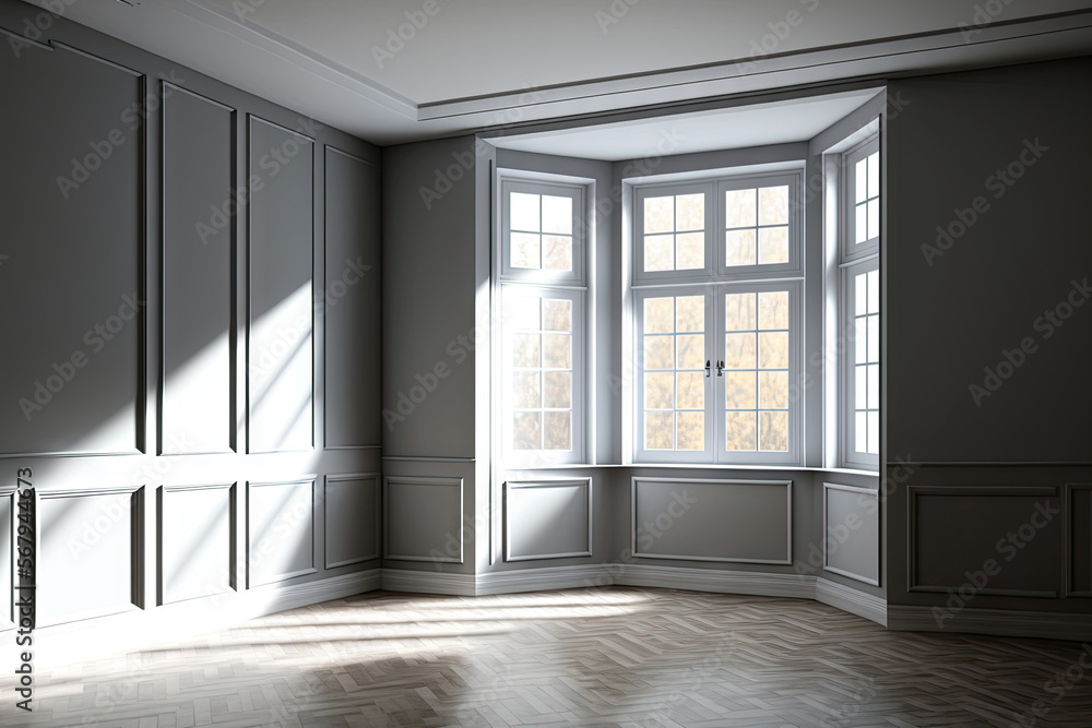 Empty Gray Interior with Four Windows, Light Glossy Parquet Floor and a White Plinth. Corner of the Room with Perspective View. with a Work Path on the Windows. 8K Ultra HD, 7680x4320. Generative AI Empty Gray Interior with Four Windows, Light Glossy Parquet Floor and a White Plinth. Corner of the Room with Perspective View. with a Work Path on the Windows. 8K Ultra HD, 7680x4320. Generative AI