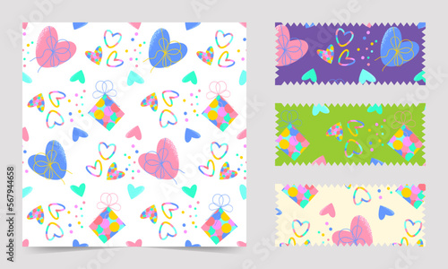 Seamless pattern with rainbow hearts, gifts, confetti. Bright, colorful, isolated, with previews on different backgrounds.