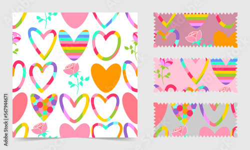 Seamless pattern with rainbow hearts, roses. Bright, colorful, isolated, with previews on different backgrounds.