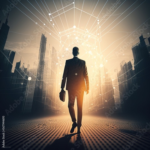 Businessman walking on virtual reality platform to futuristic smart city of opportunity with internet cyber network connection on high building, Generative AI