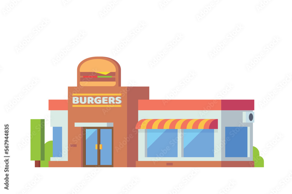 Vector burger fast food restaurant building flat design illustration Vector burger fast food restaurant building flat design illustration
