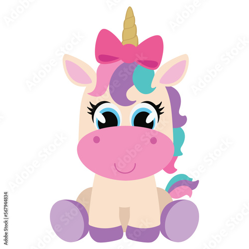 Cute little unicorn. Sitting unicorn vector cartoon illustration.