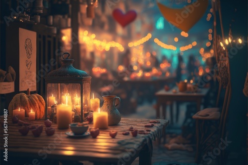 Romantic Candle Dinner At Colorful Otherworldly Marketplace (generative AI)