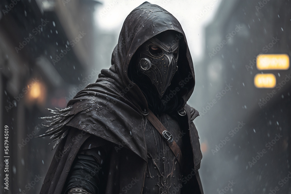 A portrait of a man wearing a dark leather assassin costume and a mask, with a long black cloak, in a Gothic Steampunk style - Generative AI A portrait of a man wearing a dark leather assassin costume and a mask, with a long black cloak, in a Gothic Steampunk style - Generative AI