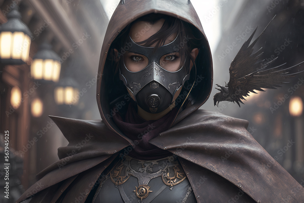 A portrait of a woman wearing a dark leather assassin costume and a mask, with a long black cloak, in a Gothic Steampunk style - Generative AI