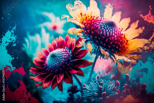 Blooming flower painting, Botanical background.Generative AI