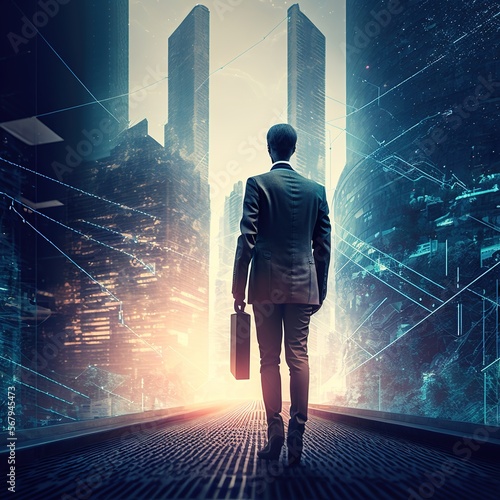 Businessman walking on virtual reality platform to futuristic smart city of opportunity with internet cyber network connection on high building, Generative AI © WS Studio 1985