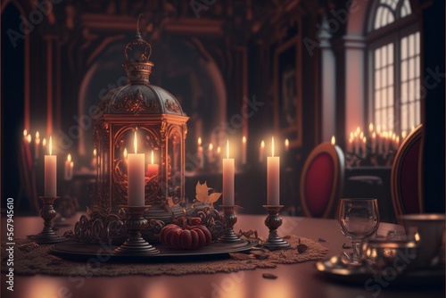 Romantic Candle Dinner At Inside Of A Magic-Filled Academy (generative AI)