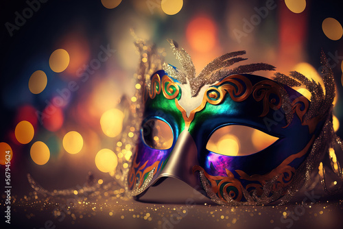 Carnival Party Venetian Mask with Abstract Defocused Bokeh Lights and Shiny Streamers—Masquerade Disguise Concept. Generative AI
