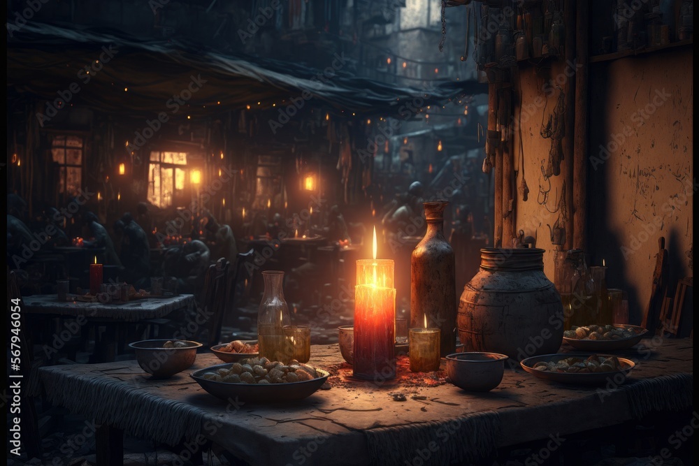Romantic Candle Dinner At Overcrowded Slum (generative AI)