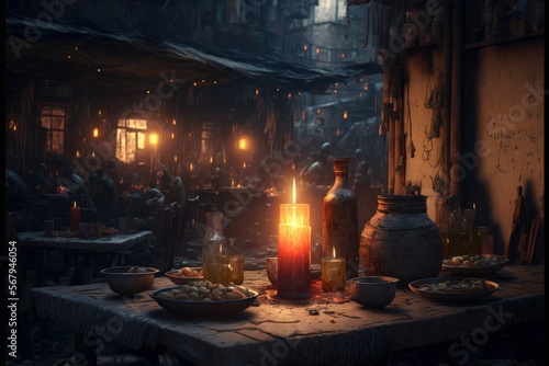 Romantic Candle Dinner At Overcrowded Slum  generative AI 
