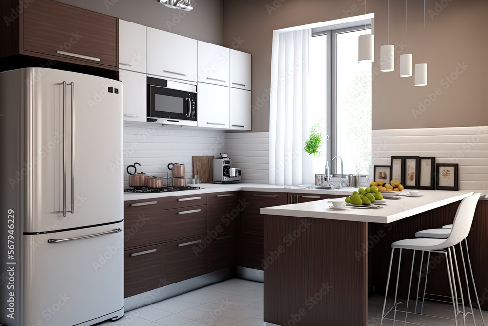 Modern style kitchen interior design,White and brown modern kitchen. Generative AI Modern style kitchen interior design,White and brown modern kitchen. Generative AI