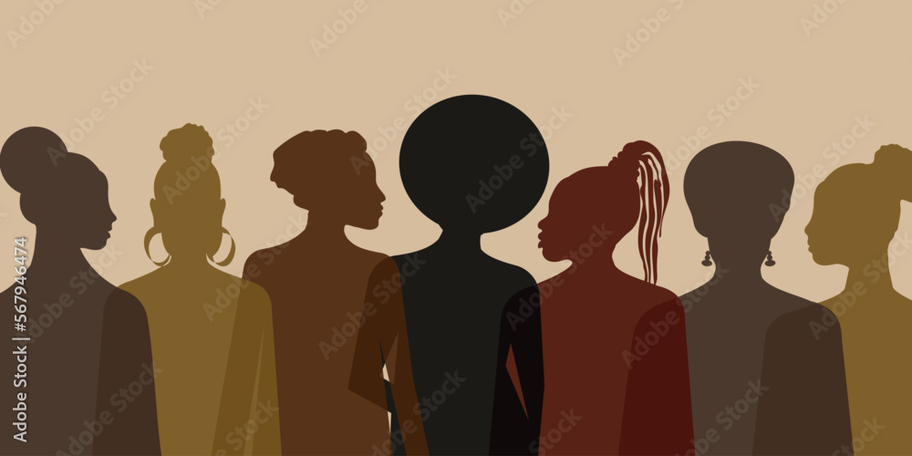 Celebrating Black History Month. Silhouettes of women from different countries and religions stand for equality and freedoms. Vector.