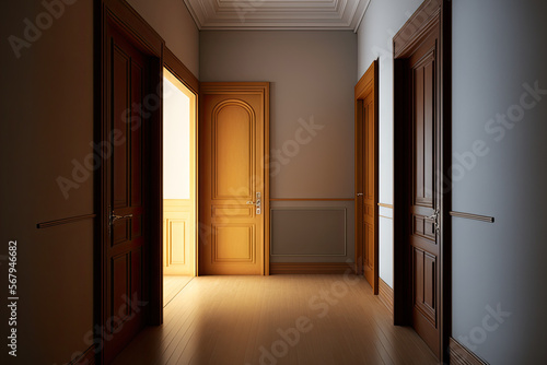 empty room with wooden doors  fitted wardrobes with matching doors  corridors with access to other rooms. Generative AI