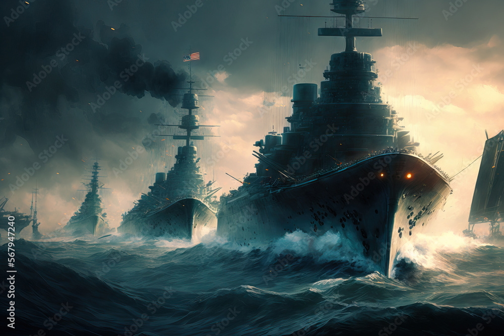 Fototapeta premium a fleet of aged battleships at sea. This serves as an example. Generative AI