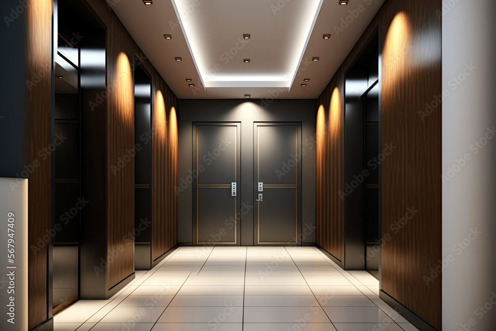 Two elevators are located inside the lobby, which has wood floors. Generative AI