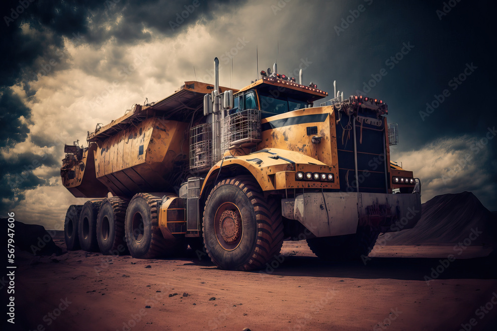 A large transport truck is prepared for a major mine work. Added vignetting and low saturation. Generative AI A large transport truck is prepared for a major mine work. Added vignetting and low saturation. Generative AI