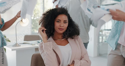 Black woman, boss and office with paper fan, team or hands with serious face for power leadership. Selfish corporate queen, ego or staff with documents for wind, help or support for narcissist leader photo