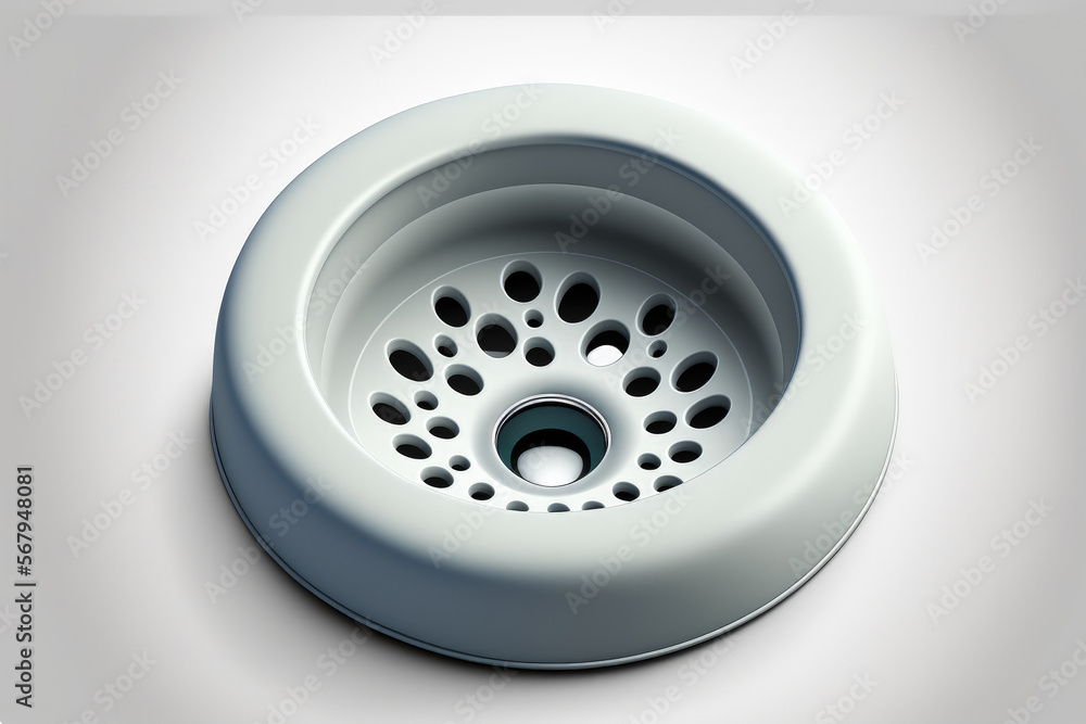 Metal sink drain in white background. Kitchen faucet hole. Generative AI Metal sink drain in white background. Kitchen faucet hole. Generative AI