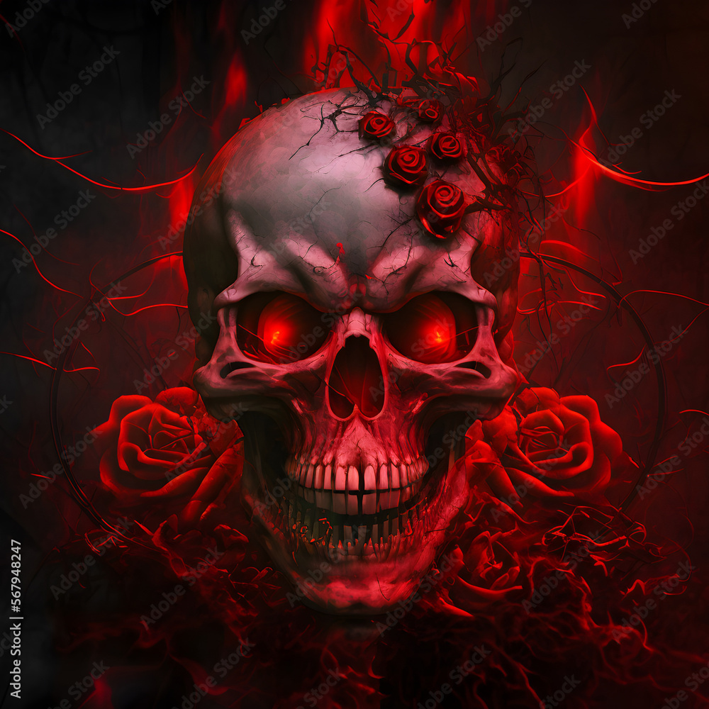Artwork design for posters, t-shirts, album covers, for metal music fans, bikers clubs of a concept of horrifying and scary skull concept. Created with Generative AI technology Artwork design for posters, t-shirts, album covers, for metal music fans, bikers clubs of a concept of horrifying and scary skull concept. Created with Generative AI technology