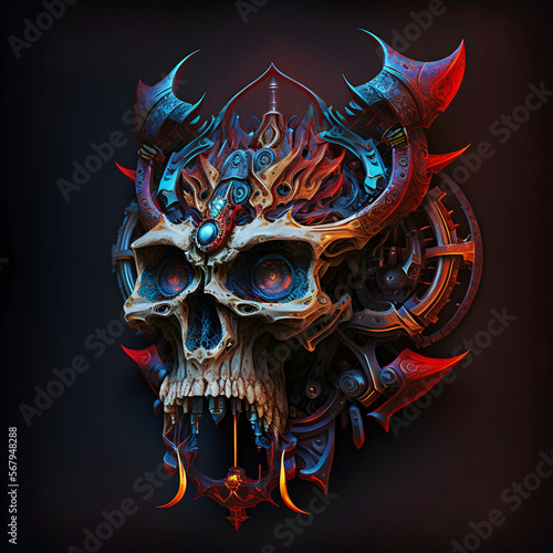 Artwork design for posters, t-shirts, album covers, for metal music fans, bikers clubs of a concept of horrifying and scary skull concept. Created with Generative AI technology photo