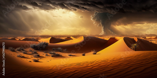 Dramatic sand storm in desert, thunderstorm, lightning. Abstract background. Post-processed generative AI.