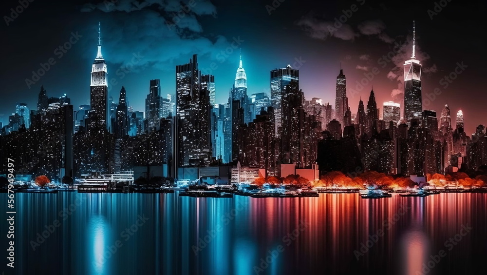 Computer wallpaper. Beautiful and colorful city skyline. Night time with a river reflecting the colors.