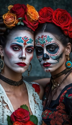 Dia de los muertos, Mexican holiday of the dead and halloween. Two Women with sugar skull make up and flowers. generative AI