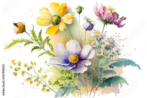 watercolor illustration of flowers. manually created. Spring. Summer. Generative AI