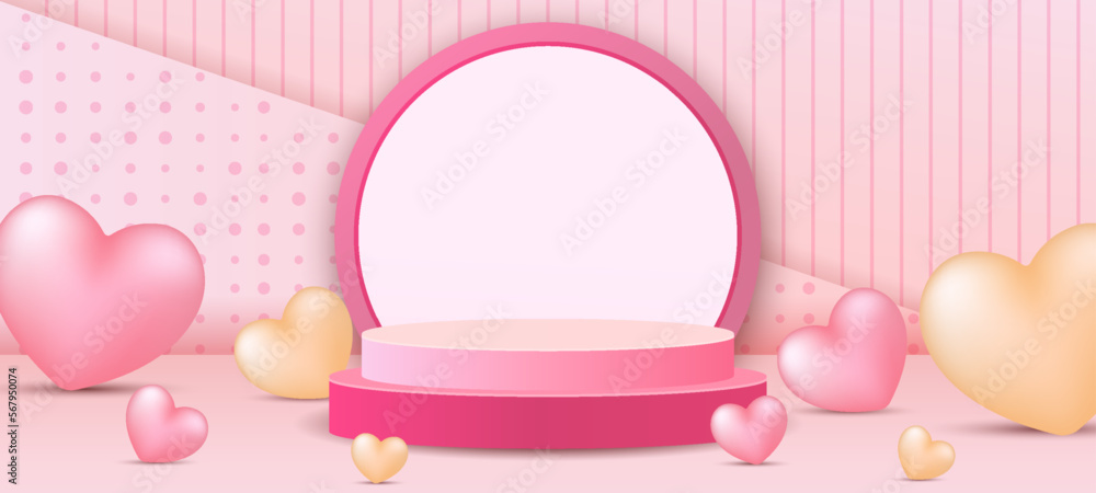 Happy Valentines Day with Realistic Love and 3d Podium Concept Background