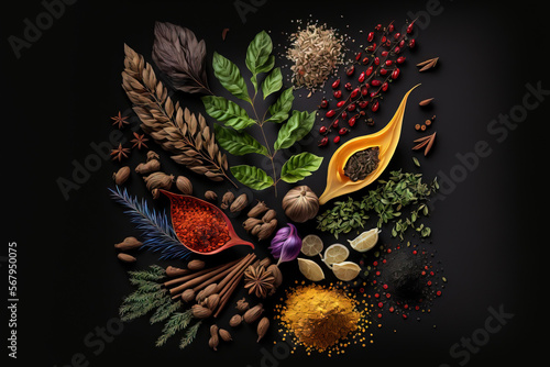 Various spices and herbs against a black background. Generative AI