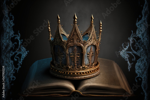 Old crown and book with a mysterious and enchanting backdrop on a gothic black background. The medieval era as an idea. Generative AI