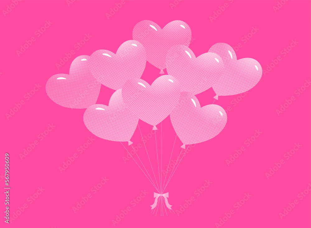 ピンクの背景の束ねたハートの風船のイラスト