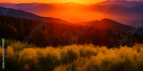 the sun is setting over the mountains in the distance. sunrise background. golden hour. mountain sunrise. sunset in a valley. mountains and colorful sunset. Generative AI.