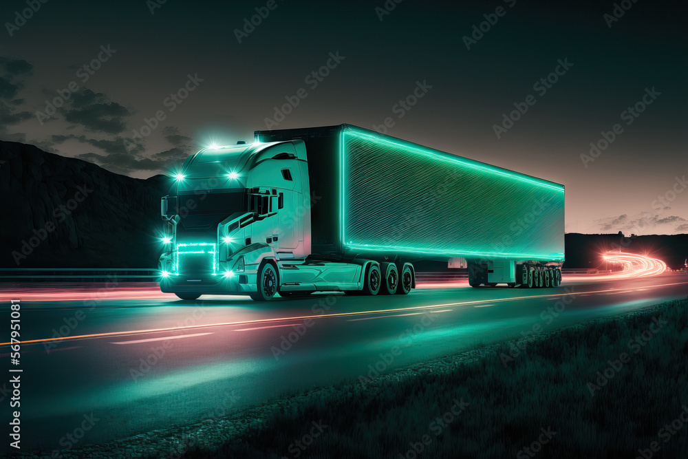 Autonomous semi truck with cargo trailer driving at night on the road ...