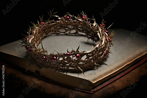 Valokuvatapetti Jesus' crown of thorns resting on the holy bible on a dark background with copy space, this image is suitable for usage with Christian backgrounds and Easter concepts