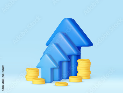 3d Blue up arrow and coin stacks