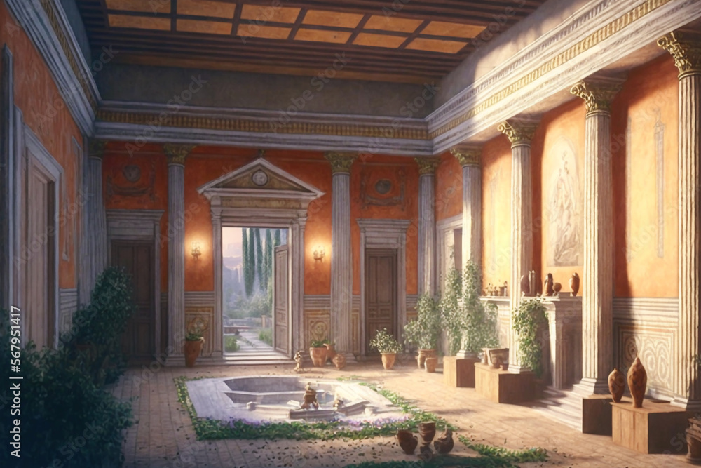 Roman Ancient Home interior with fresco paint on wall court garden welcome space
