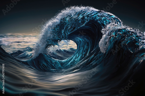 A photorealistic image of crashing waves in the ocean. The water appears crystal clear, showcasing the power and beauty of the ocean's movements. Generative AI