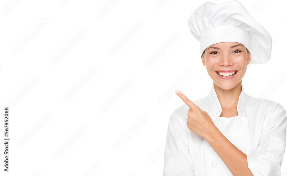 Woman chef pointing / showing empty blank copy space isolated cutout PNG on transparent background. Beautiful young mixed race Asian Caucasian female model smiling happy. Woman chef pointing / showing empty blank copy space isolated cutout PNG on transparent background. Beautiful young mixed race Asian Caucasian female model smiling happy.