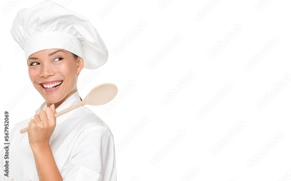Chef woman smiling happy. Cook, chef or baker looking over should at copy space holding wooden spoon. Beautiful fresh Asian Caucasian female model isolated cutout PNG on transparent background. Chef woman smiling happy. Cook, chef or baker looking over should at copy space holding wooden spoon. Beautiful fresh Asian Caucasian female model isolated cutout PNG on transparent background.
