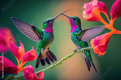 Hummingbirds in pairs and a pink flower. Hummingbirds with fiery throats soaring next to a gorgeous blooming flower in Savegre, Costa Rica. Natural action scene with fauna. Generative AI